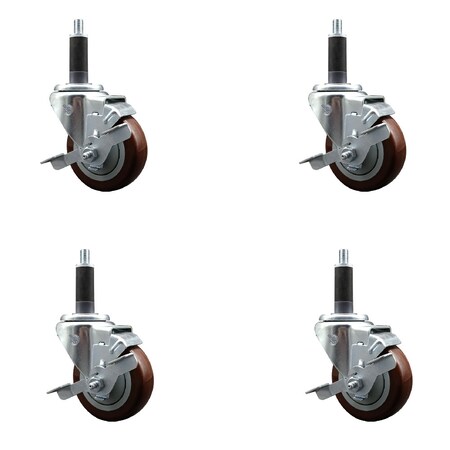Service Caster 3.5'' SS Maroon Poly Swivel 1'' Expanding Stem Caster Set with Brake, 4PK SCC-SSEX20S3514-PPUB-MRN-TLB-1-4